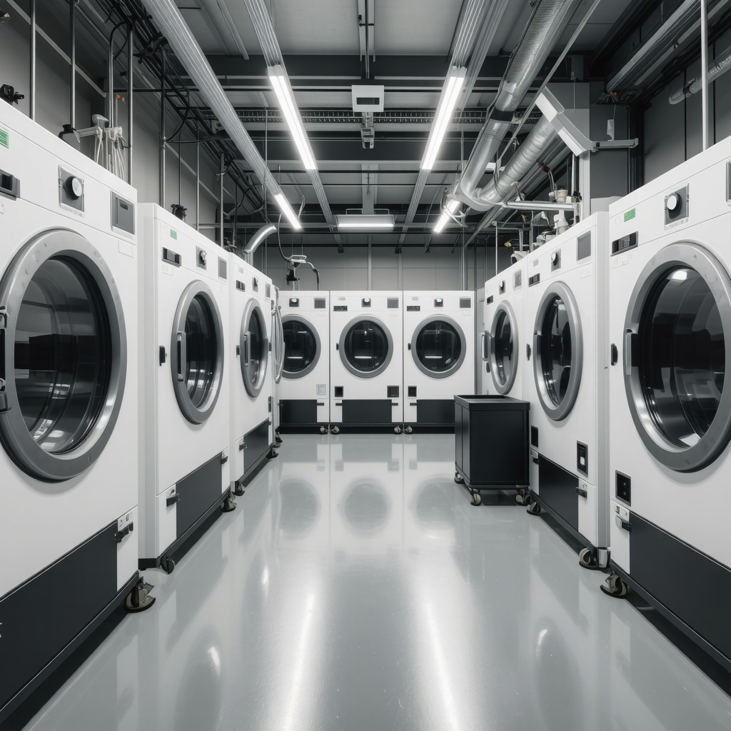 Modern dry cleaning equipment using enzymatic cleaning and solvent recycling for sustainable fabric care