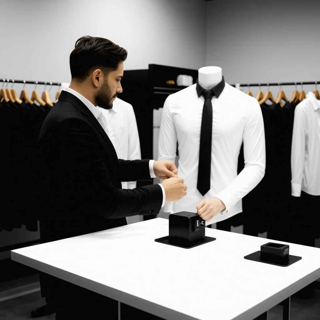 Tailor using 3D body scanning technology in a South Tampa dry cleaner shop for precise garment fitting