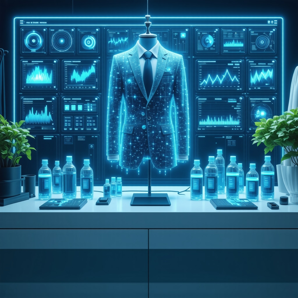 High-tech tailor workshop with digital twin display and eco-friendly solvents for sustainable garment care