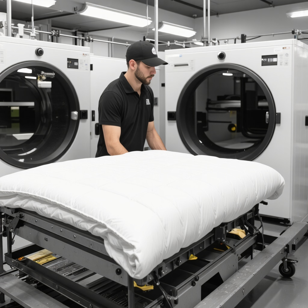 Technician cleaning a down comforter using eco-friendly methods in a modern Tampa dry cleaning facility