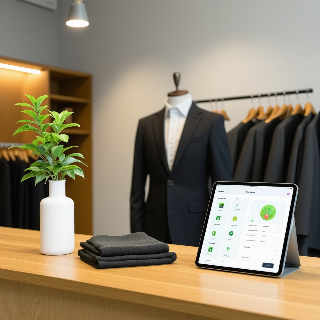 South Tampa dry cleaner using biodegradable solvents with tailor altering a suit and digital wardrobe app on tablet
