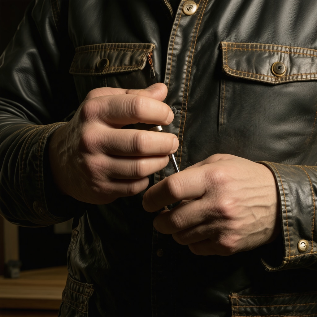 Close-up of hands applying advanced conditioner to vintage leather jacket showing texture and detail