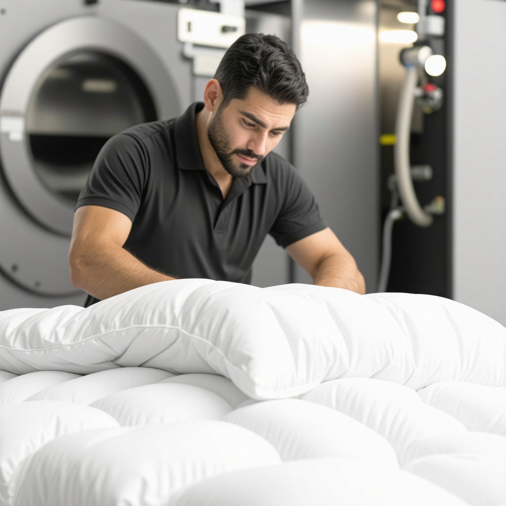Technician restoring and re-fluffing down comforter using advanced drying and ultrasonic equipment