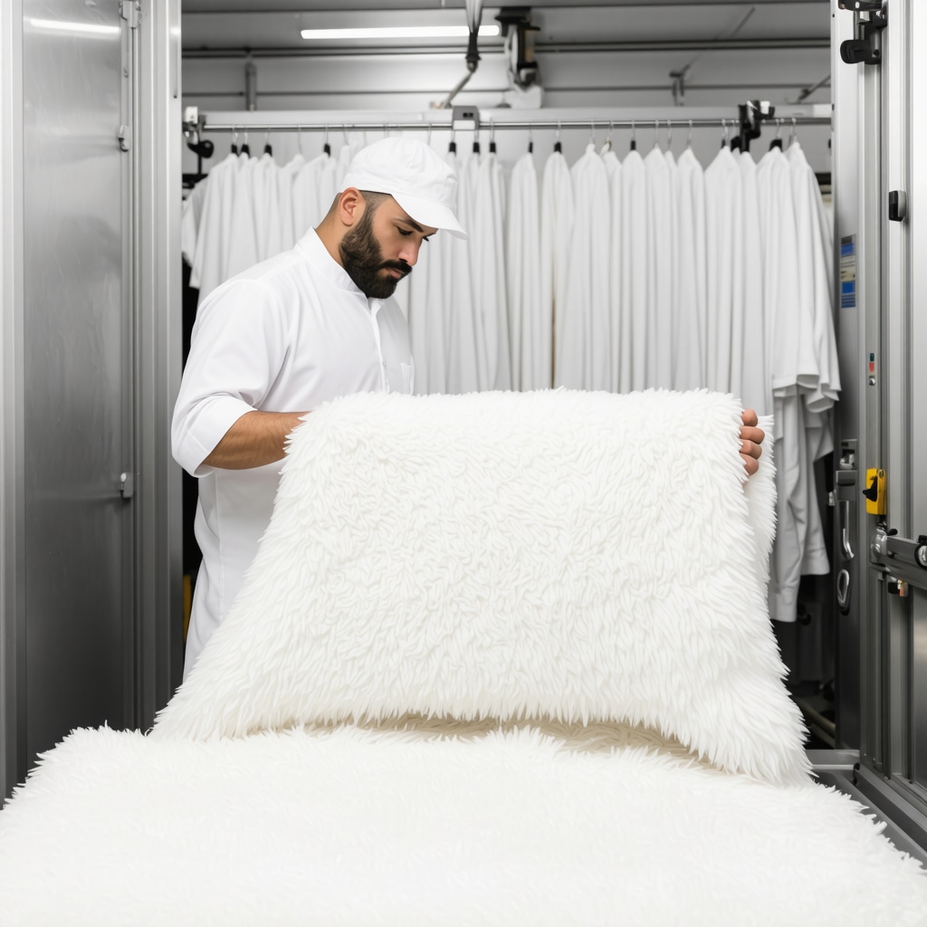 Professional dry cleaner in South Tampa using advanced solvent-based cleaning technology on a wool blanket with eco-friendly products visible