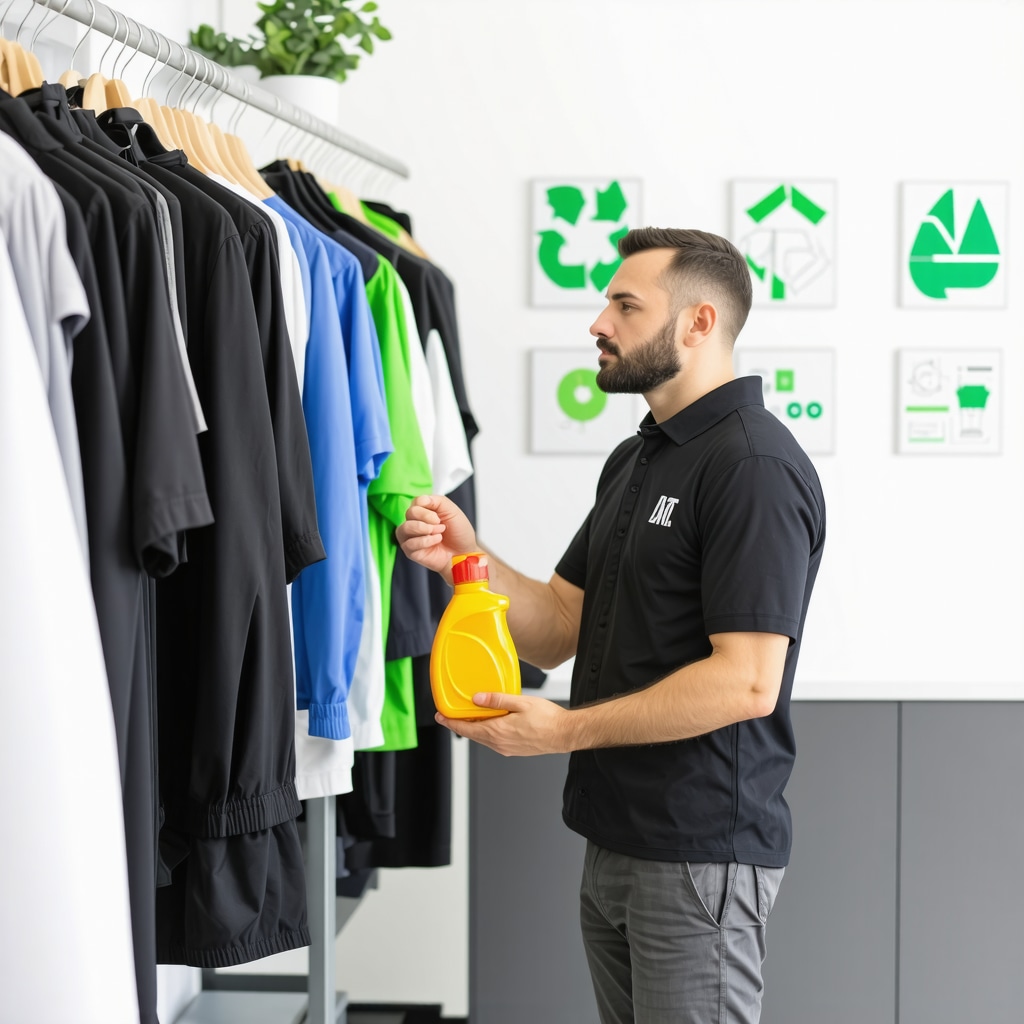 Professional dry cleaner demonstrating eco-friendly enzyme detergent process to client in Lutz shop with green certifications
