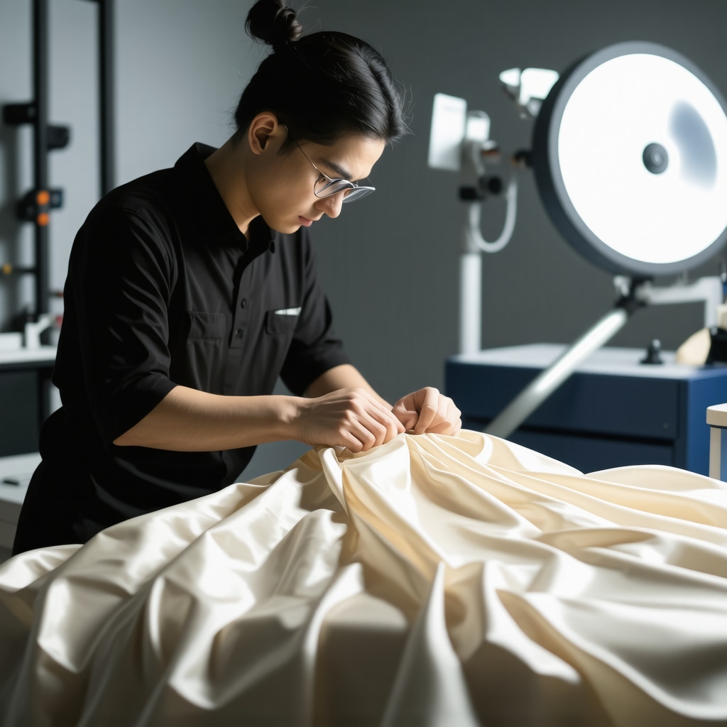 Dry cleaner treating delicate silk dress with advanced equipment at night