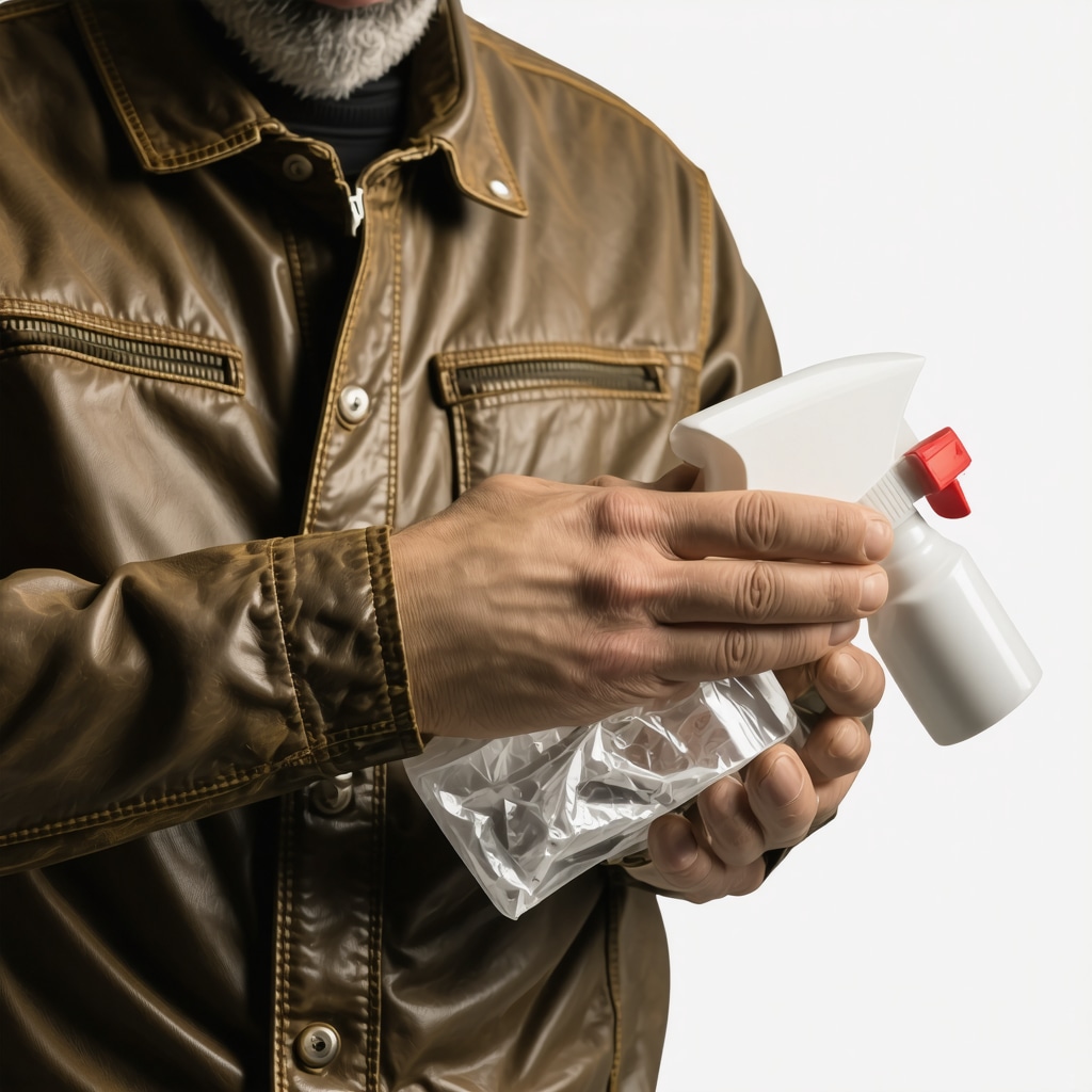 Close-up of hands applying eco-friendly conditioner and protective spray to vintage leather jacket under bright light