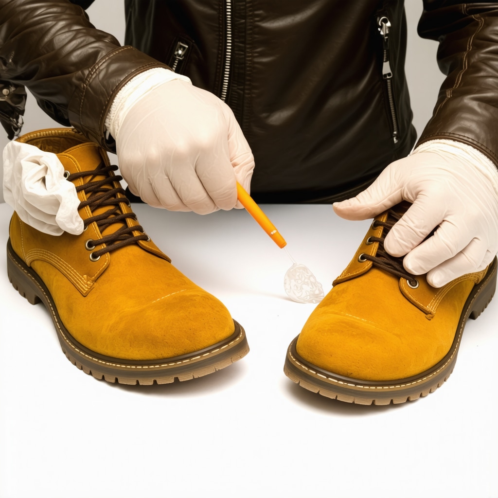 Close-up of leather jacket and suede boots being cleaned with microfiber cloths and nanotechnology sprays in a professional South Tampa studio