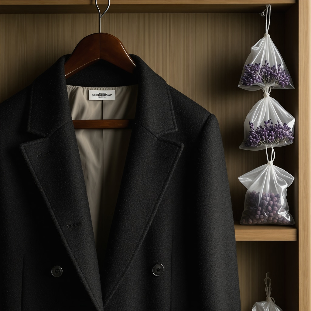Wool coat on a wooden hanger inside breathable garment bag with lavender sachets for moth prevention