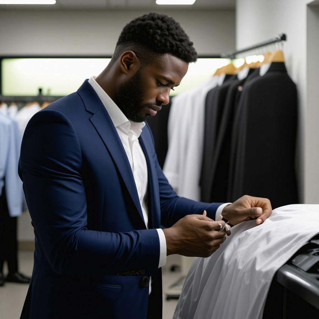 Tailor examining suit fabric in a humidity-controlled Tampa dry cleaning facility