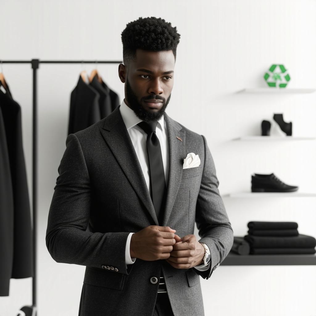 Tailor examining wool suit post dry cleaning with eco-friendly care symbols in backdrop
