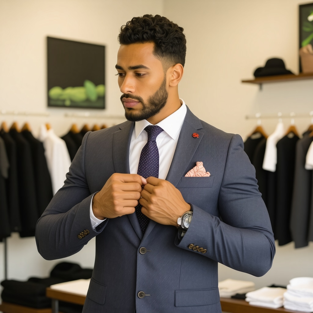 Tailor adjusting suit jacket with eco-friendly dry cleaning machines in the background