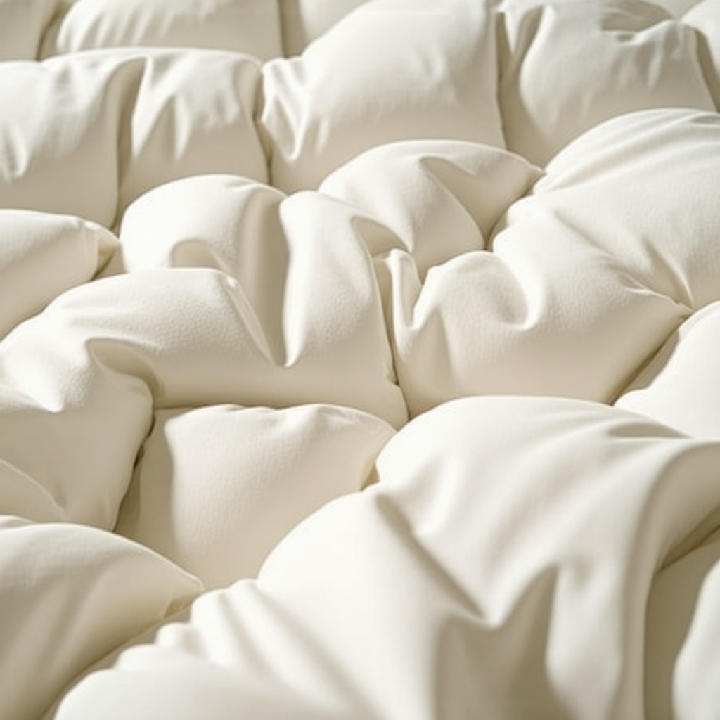 Close-up of a plush down comforter after expert dry cleaning with soft sunlight highlighting its texture