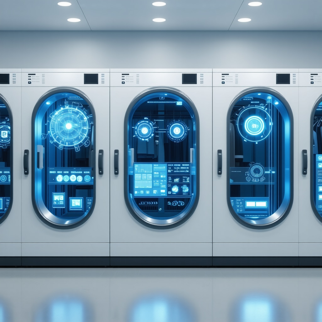High-tech dry cleaning setup with blockchain, AI, and predictive analytics dashboards in Trinity