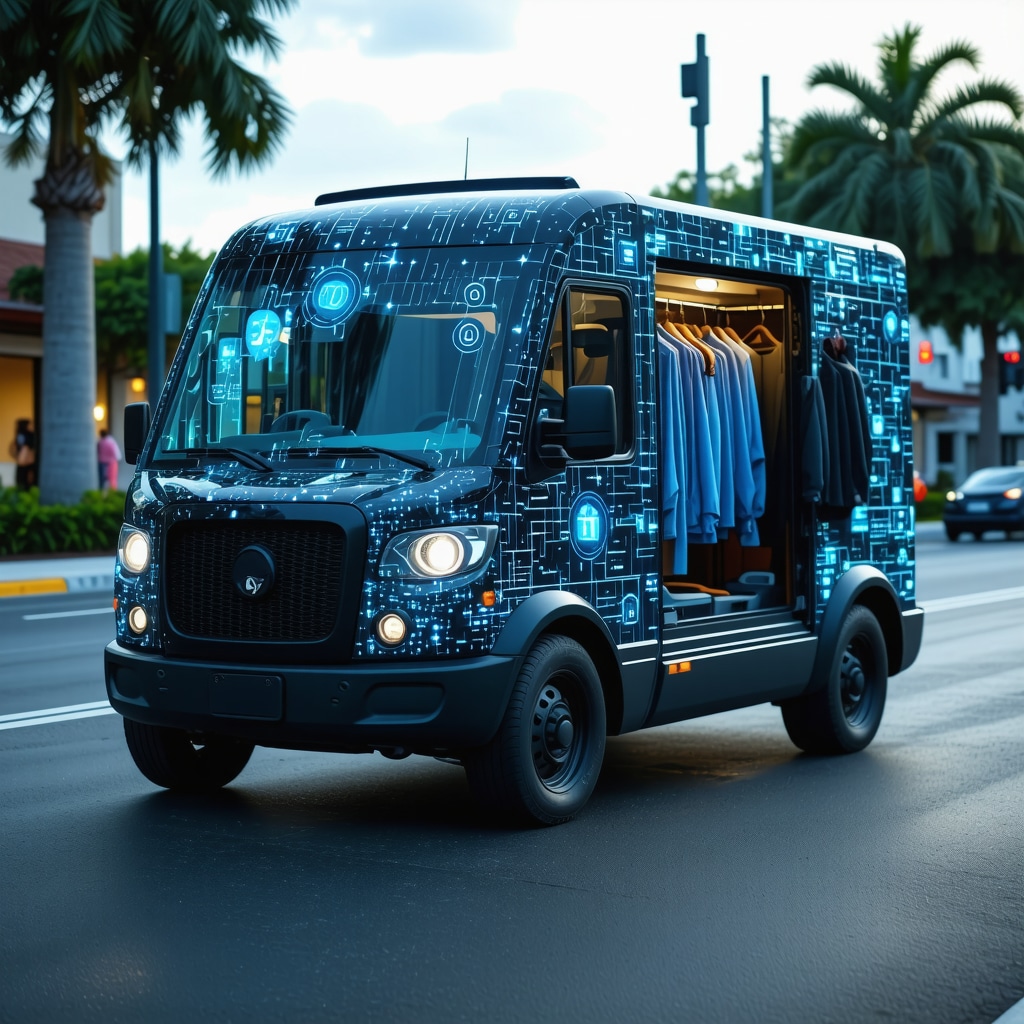 Advanced dry cleaning delivery van showcasing quantum computing and nanotechnology integration in Tampa