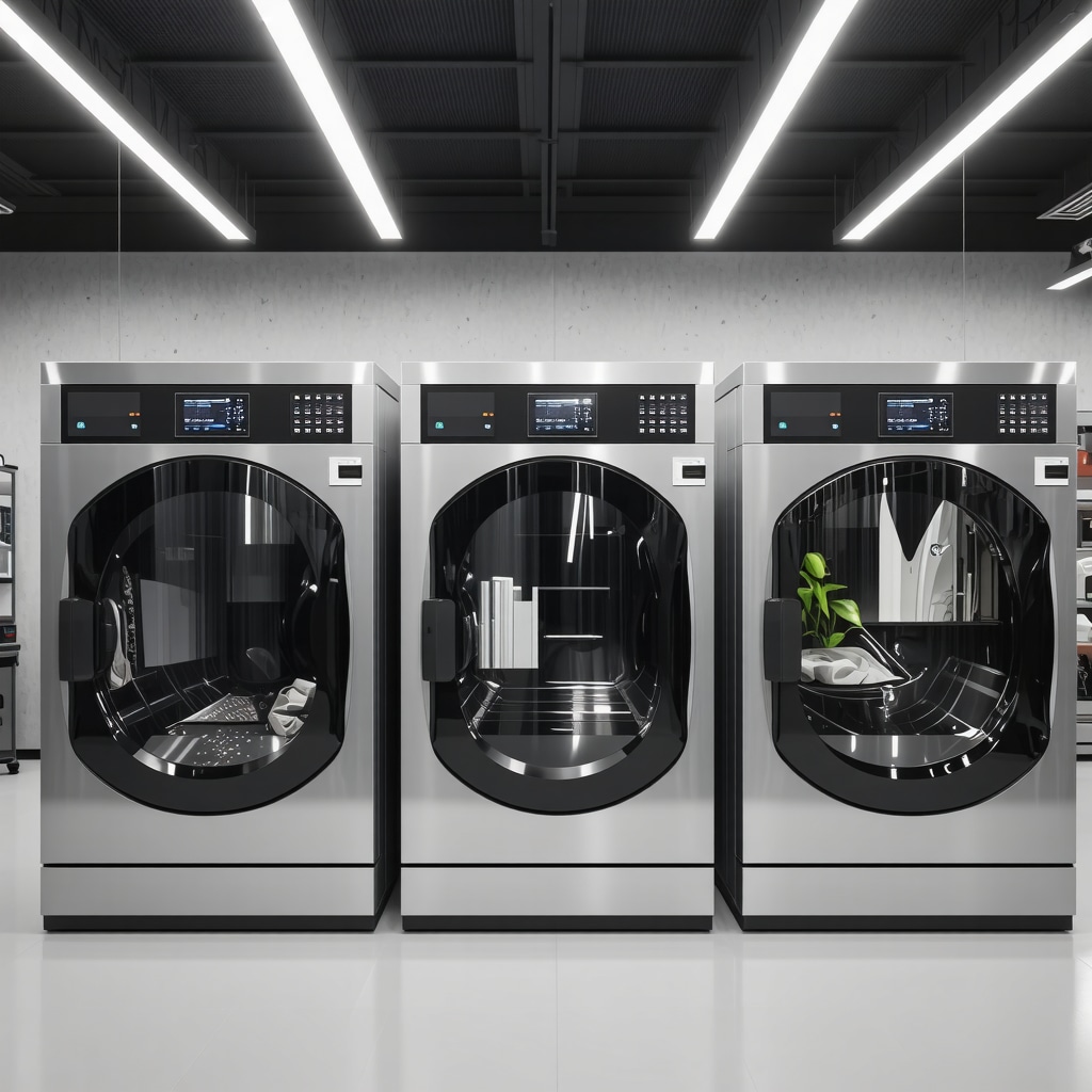 Interior view of an advanced dry cleaning facility with AI and IoT technology for sustainable textile care