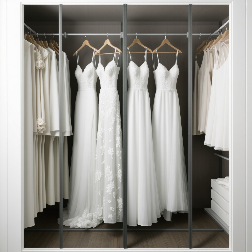 Humidity-controlled archival storage unit with acid-free boxes and preserved lace wedding dresses in a climate-controlled room