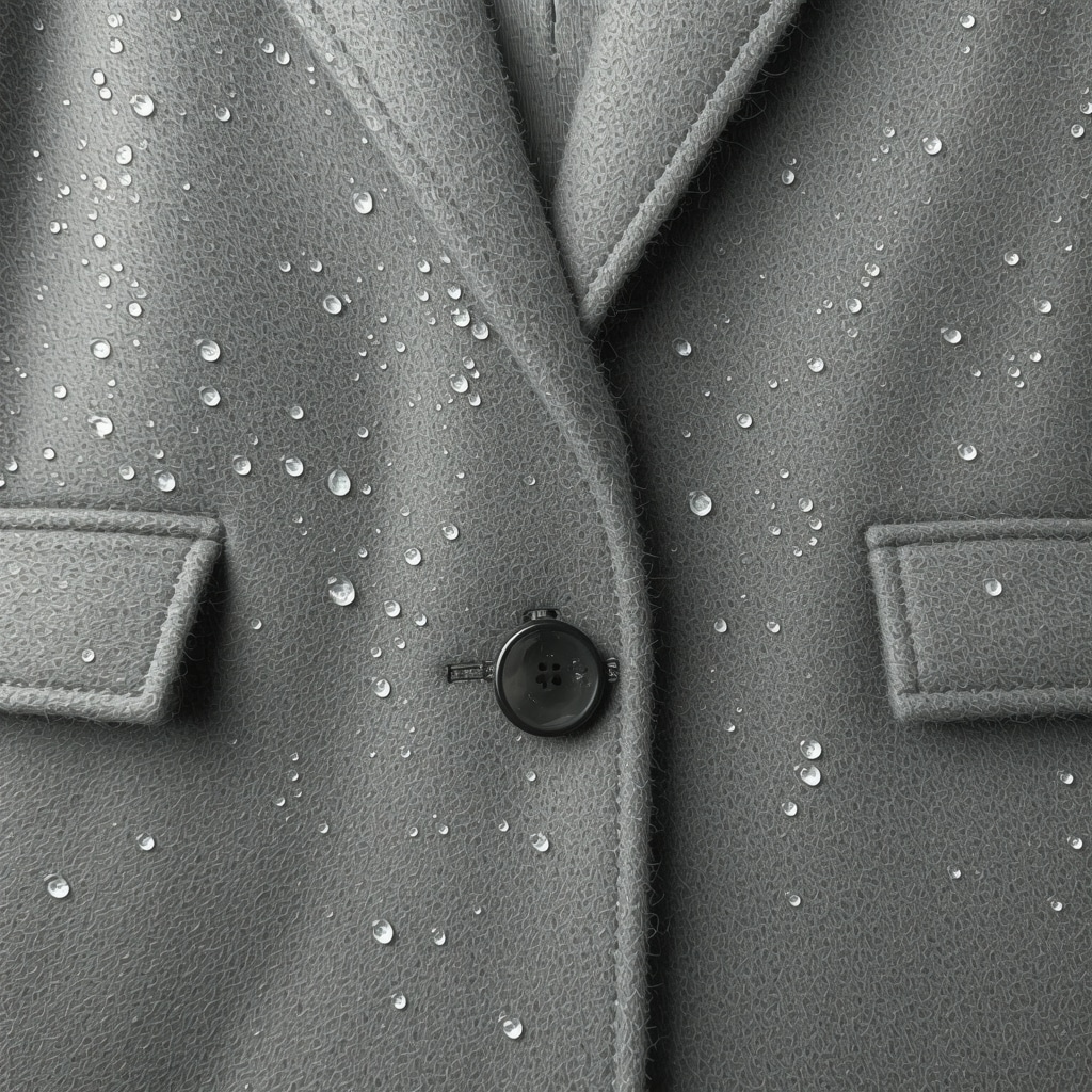 Close-up image of wool coat fabric with water droplets demonstrating nano-coating water resistance