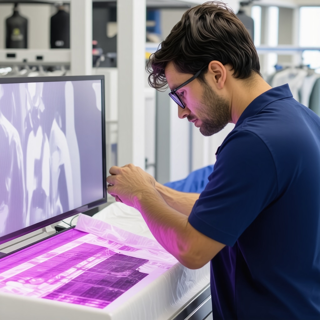 Dry cleaning technician using hyperspectral imaging to analyze fabric composition in a South Tampa facility