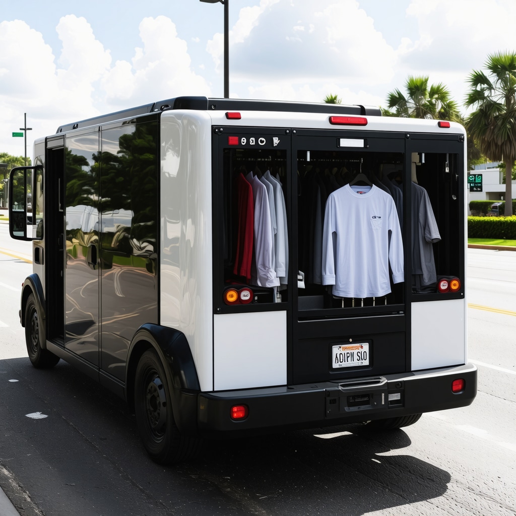 Dry cleaning delivery vehicle with IoT and AI monitoring systems in Tampa cityscape
