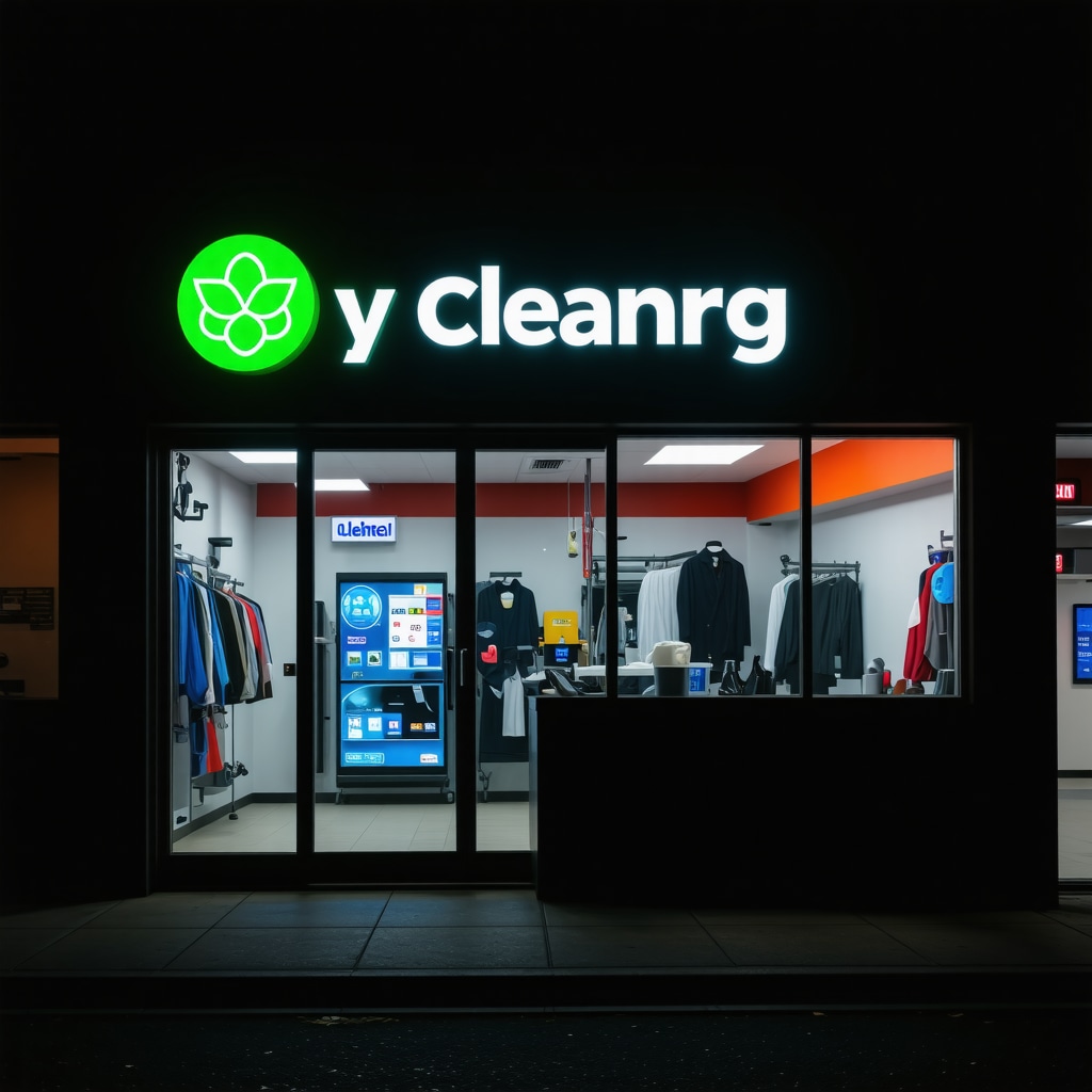Modern late night dry cleaning storefront in Lutz at night featuring eco-friendly and digital quality assurance signage