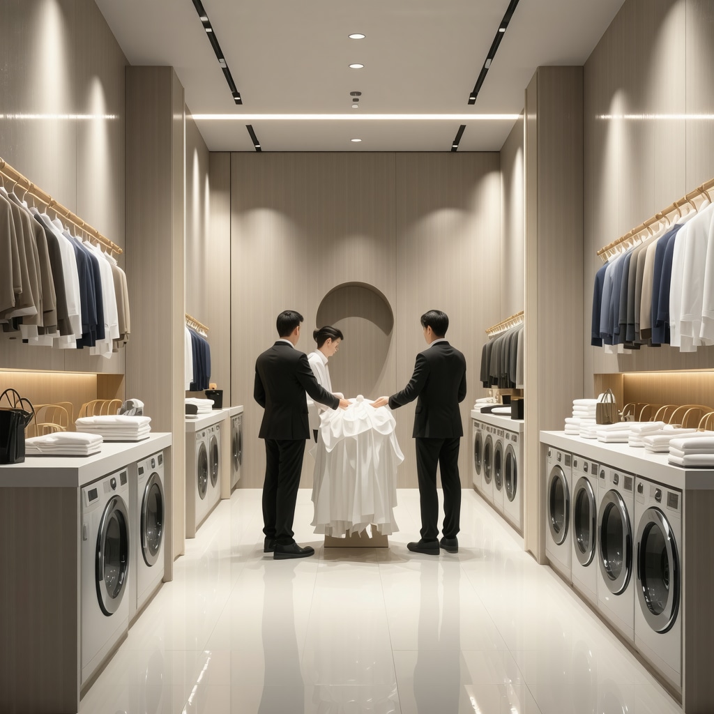 Interior of a Trinity dry cleaning shop at night with staff handling delicate fabrics using advanced eco-friendly equipment