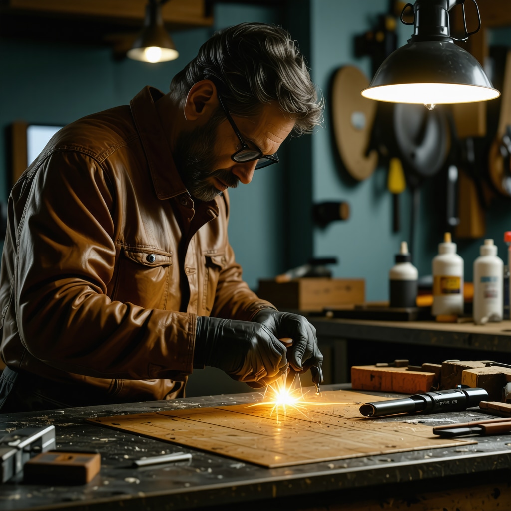 Close-up of professional leather jacket repair using laser re-coloring technique in a workshop