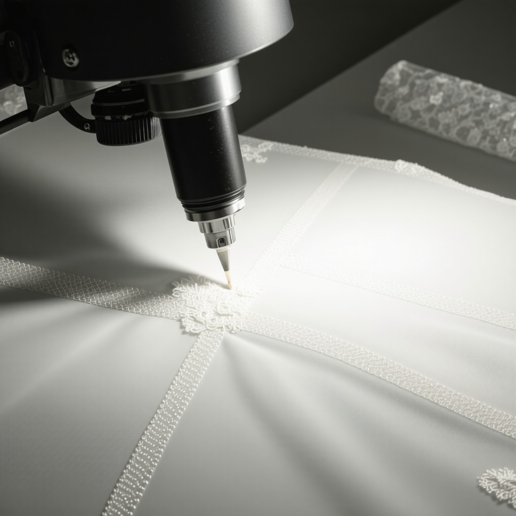 Close-up microscopic view of wedding dress fabric fibers during expert textile conservation treatment