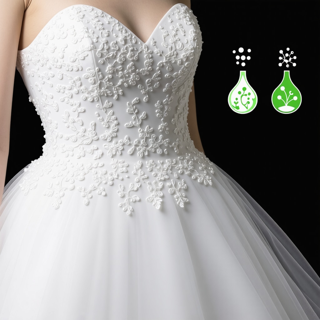 Microscopic close-up of wedding dress fibers and eco-friendly preservation icons