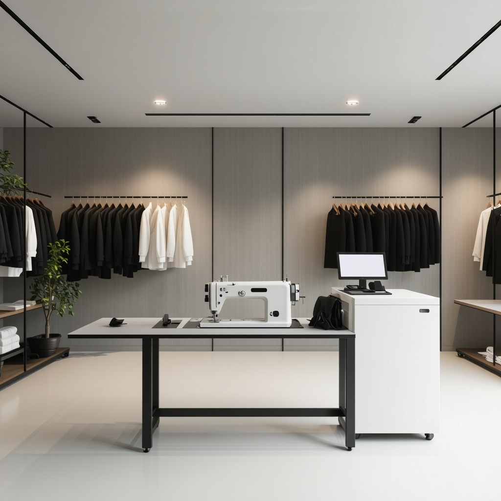 Interior of a contemporary dry cleaning and tailoring shop in Lutz featuring 3D body scanner, sewing machines, and eco-friendly cleaning solvents