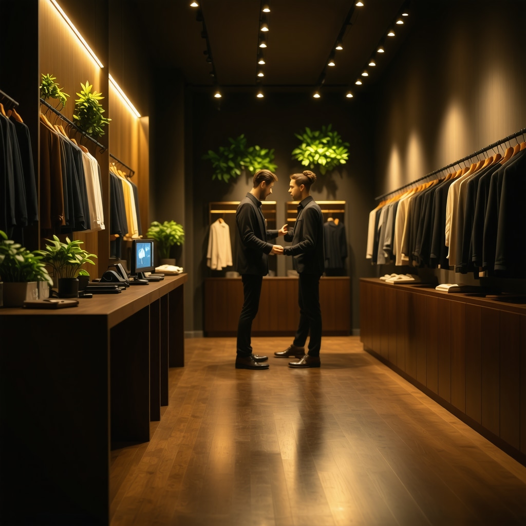Interior of a Tampa dry cleaning shop at night showing advanced eco-friendly cleaning machines, digital tracking displays, and a tailor fitting a suit
