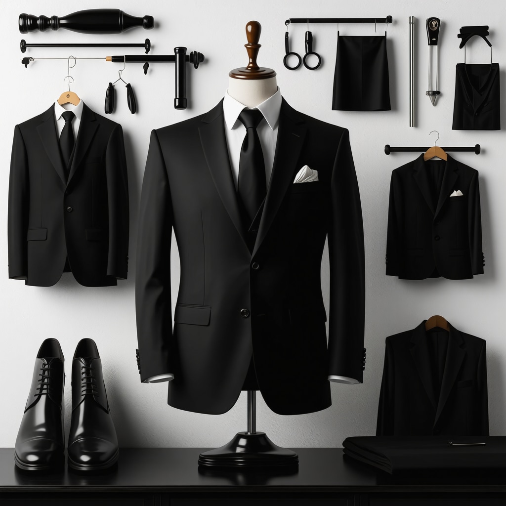 Tuxedo on mannequin with eco-friendly dry cleaning equipment and advanced tailoring tools
