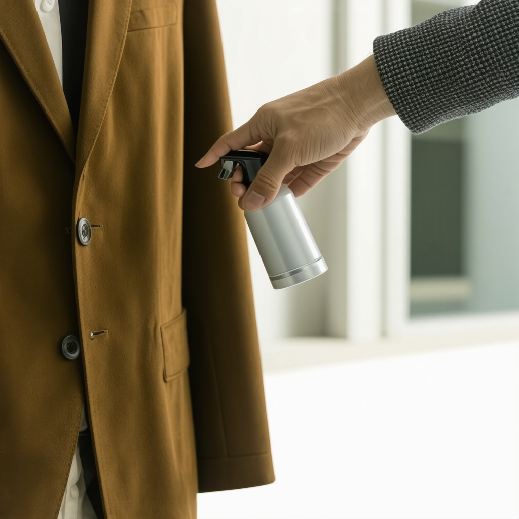 Close-up of applying nano-technology protective spray on suede jacket at South Tampa dry cleaner