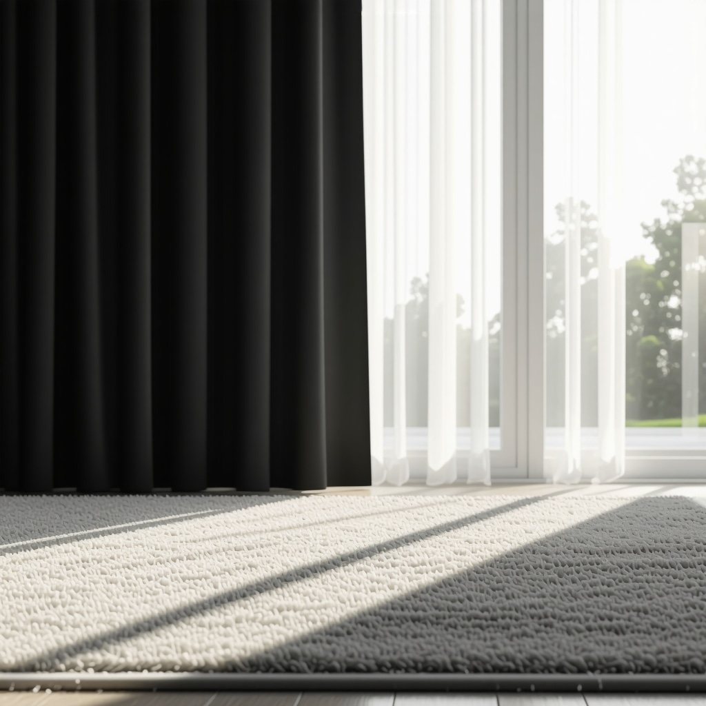 Close-up of curtain and rug with water-repellent nanotech coating and smart sensors in a sunlit Tampa home