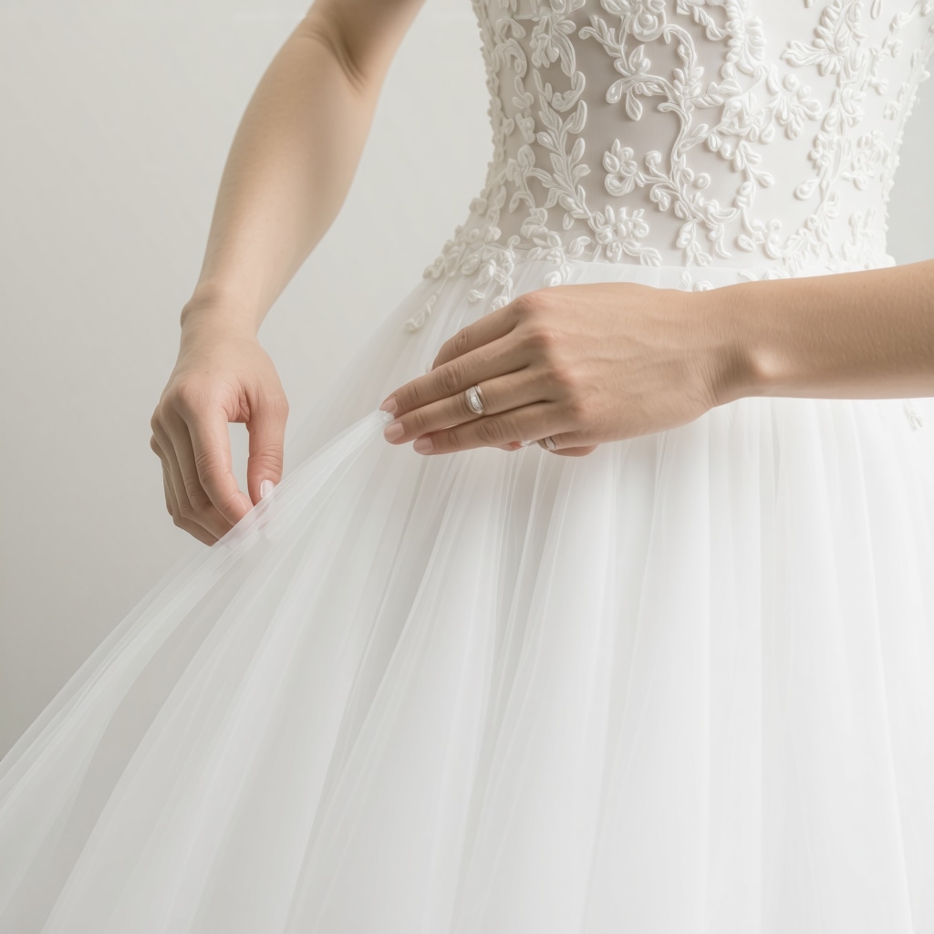 Close-up of bridal gown fabric receiving a nanotechnology protective coating in a preservation lab