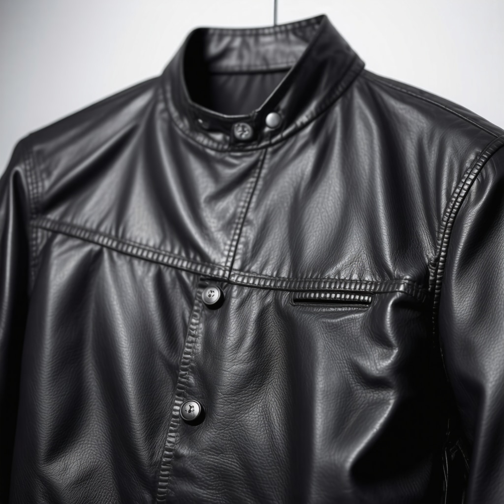 Close-up of leather jacket receiving nanotech treatment with lab equipment in humid coastal environment