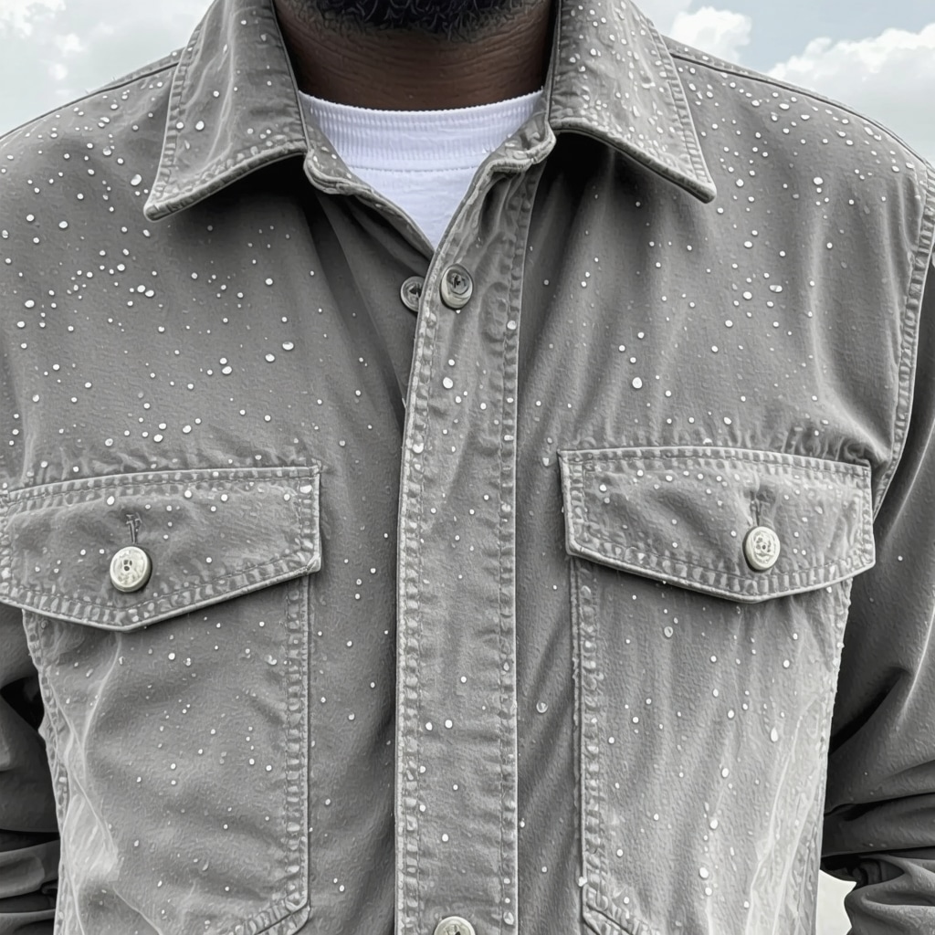 Suede jacket with water-repellent nanotechnology coating showing water droplets beading