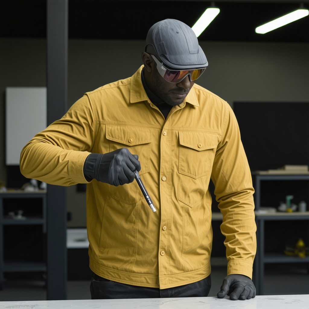 Technician applying nanotechnology-based protective coating to beige suede jacket in a clean workshop