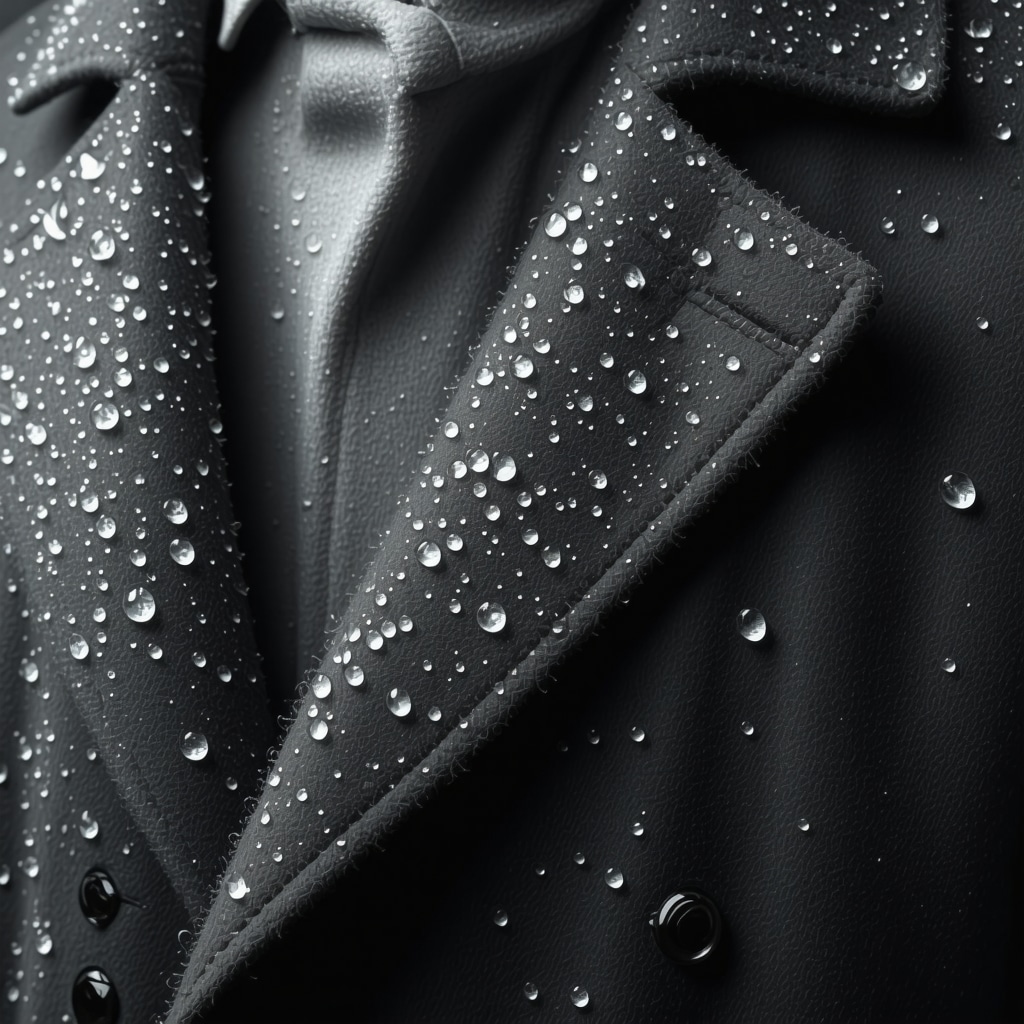 Close-up image of wool coat fabric with water droplets on nanotechnology protective coating