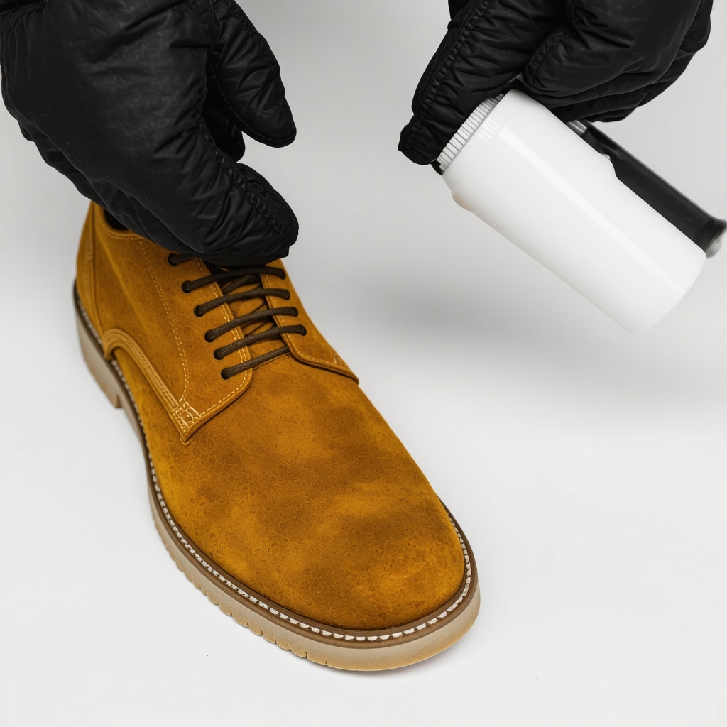 Close-up showing nanotechnology-based protective spray being applied to suede shoe fibers in a Tampa cleaning service
