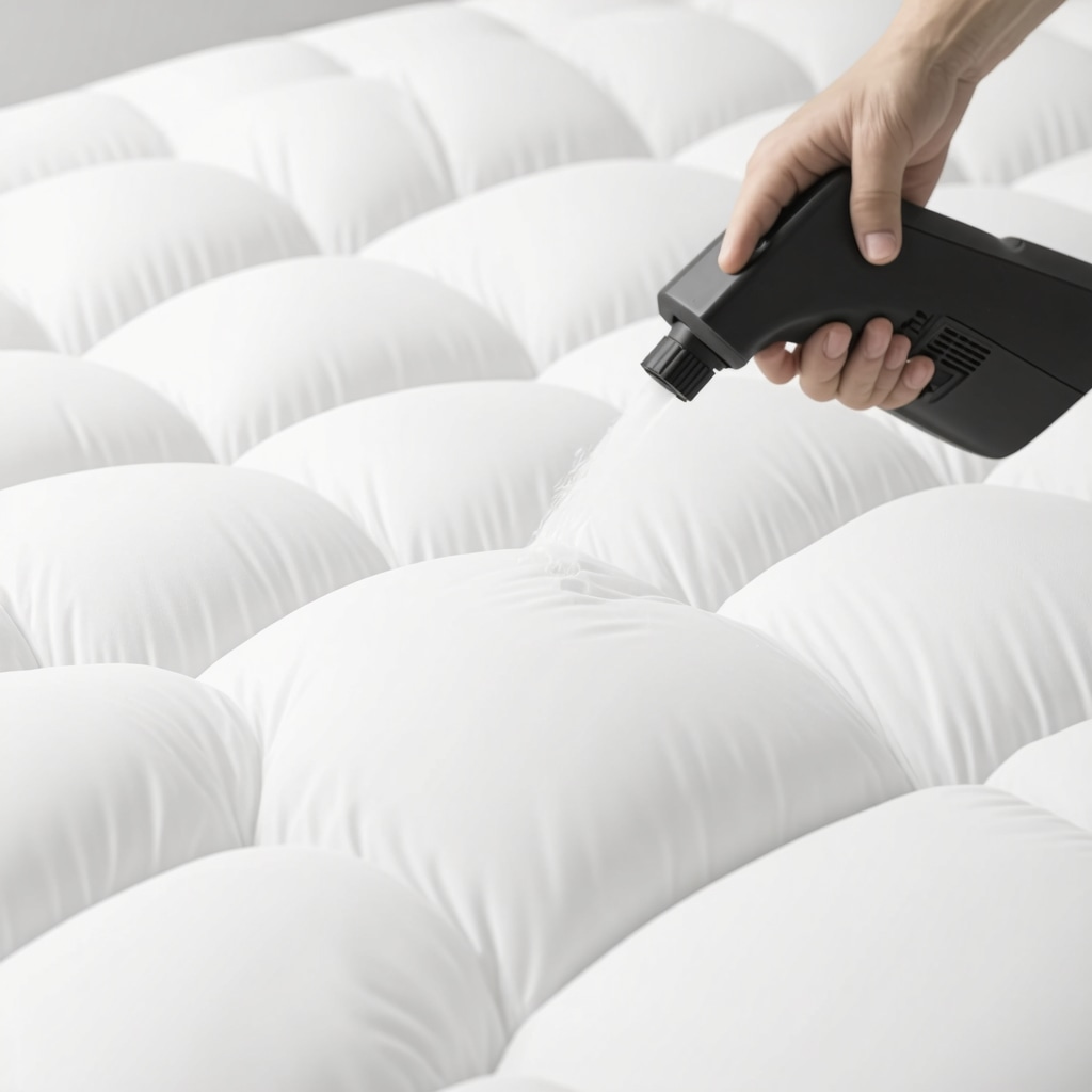 Professional applying nanotechnology-based protective coating to a fluffy down comforter in dry cleaning
