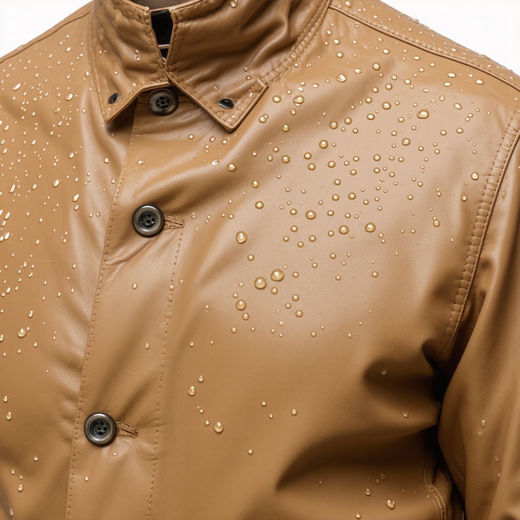 Leather jacket surface showing water droplets beading after nanotech hydrophobic coating application in Tampa