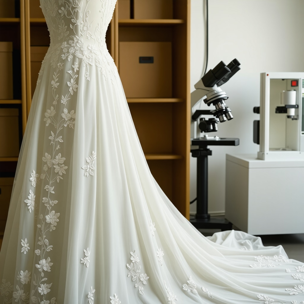 Microscopic view of nanoparticle coating on wedding dress fabric and climate-controlled archival storage