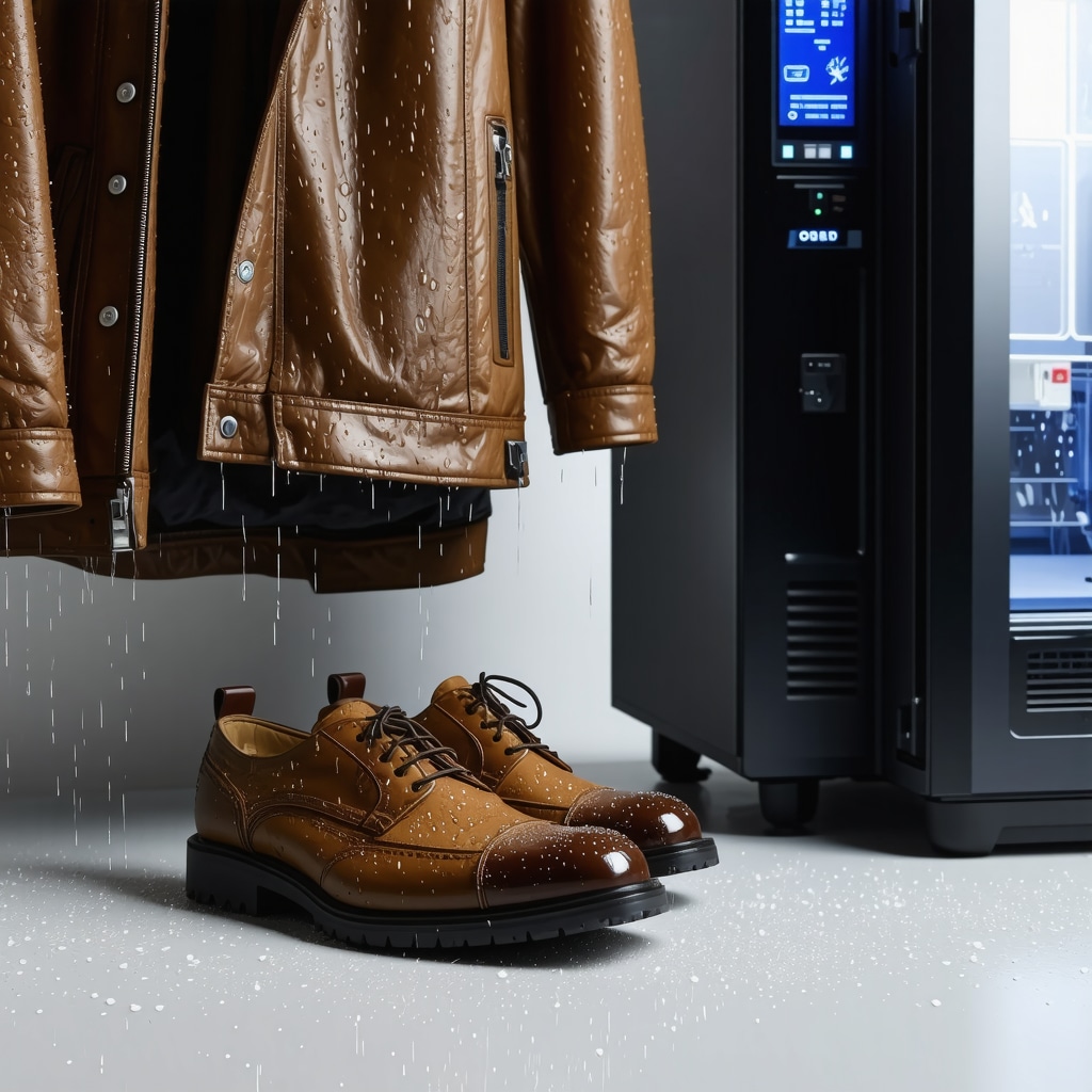 Leather jacket and suede shoes with water-repellent nanotech coating and electronic humidity-controlled storage unit
