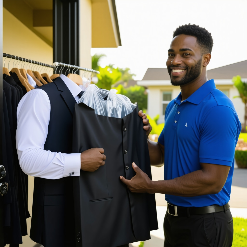 Professional handing over freshly cleaned suit in eco-friendly packaging at customer's doorstep in South Tampa