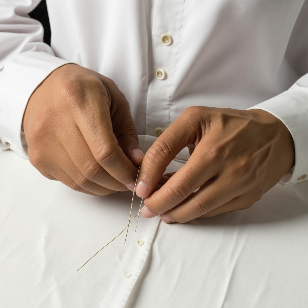 Close-up of expert tailoring silk blouse with fine needles and thread in bright tailoring studio