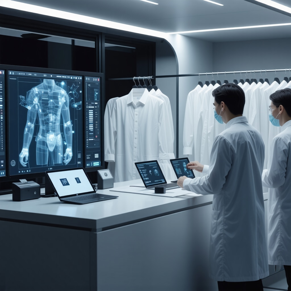 Futuristic garment care lab showing AI and quantum computing technology with sensor-embedded fabrics and experts analyzing textiles