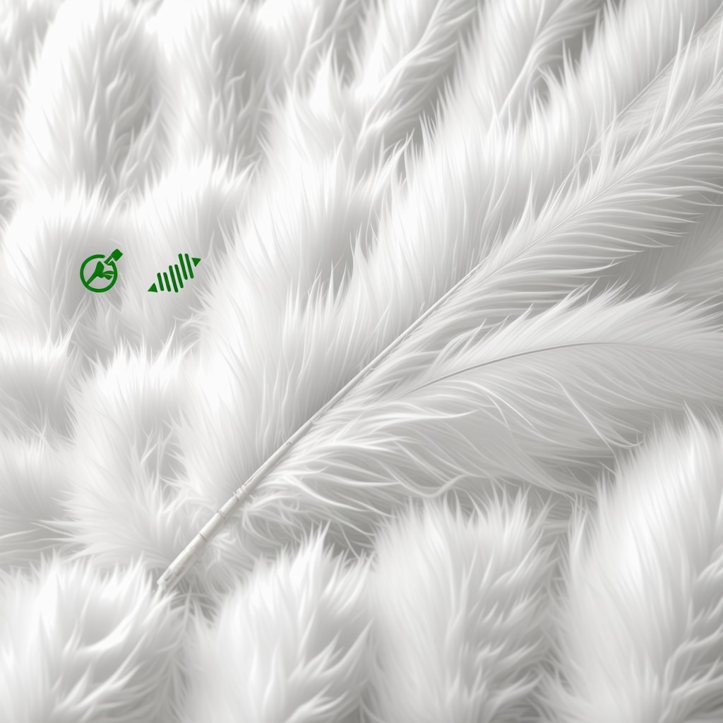 Microscopic view of down feathers with ultrasonic cleaning and eco-friendly symbols in a professional cleaning environment
