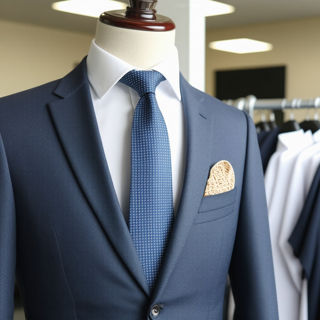 Close-up of a sharply pressed suit illuminated by soft nighttime lighting with modern dry cleaning machinery in the background