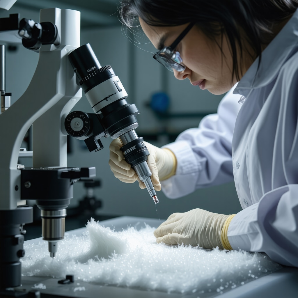 Technician analyzing silk fabric with spectroscopic equipment in a textile laboratory
